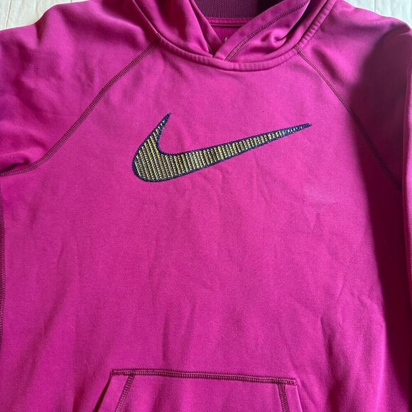 Womens Large Nike Thermafit Hoodie Pullover Sweatshirt Purple Gold Swooshstripe - Picture 2 of 9